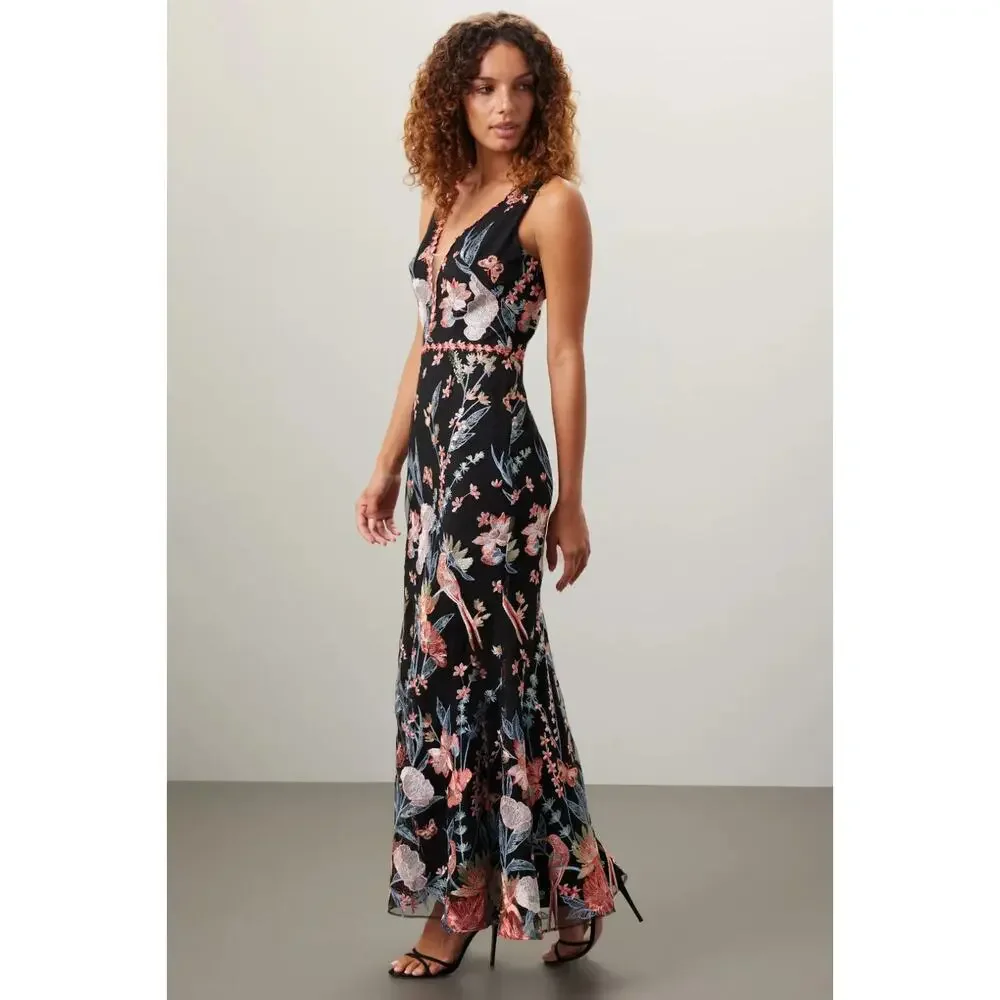 Marchesa Notte Black Embroidered Butterfly Gown Mermaid Formal Dress - Picture 1 of 12